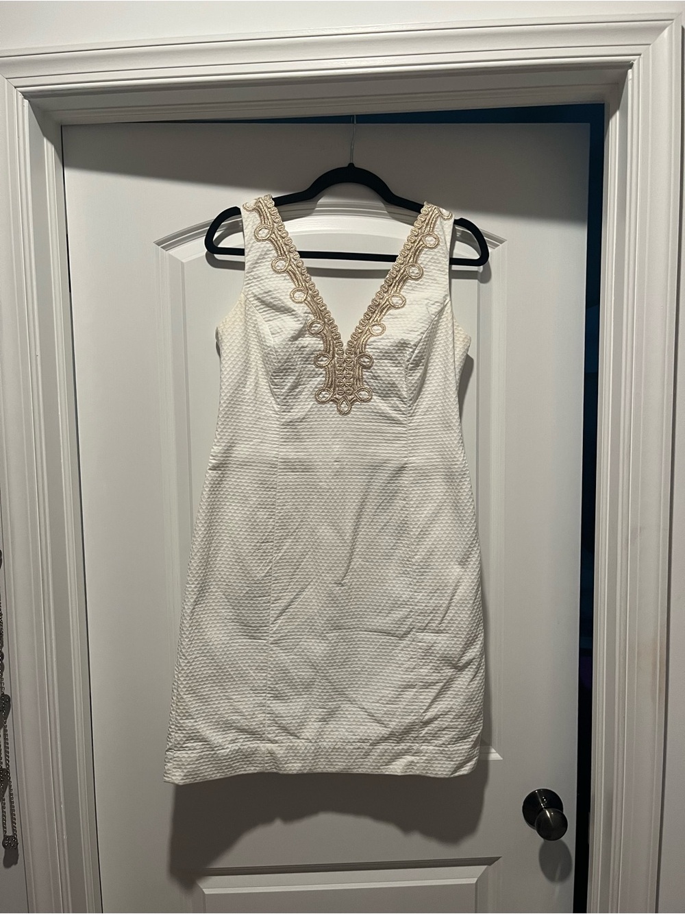 White Sleeveless V-Neck Dress with Gold Embroidery